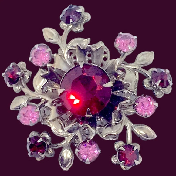 Vintage Silver Flower Red Pink Rhinestone Brooch - Picture 1 of 3